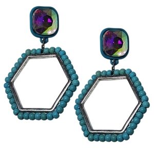 Beaded turquoise Teal Hexagon gem earrings
